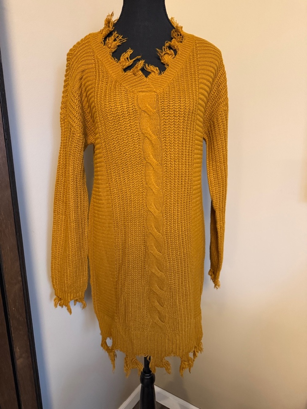 Distressed Cable-Knit Mini Dress in Mustard